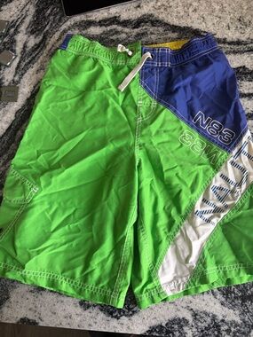 Boys Nautica Swim trunks Green & Blue size L 14/16 Lined Board shorts w/ pocket